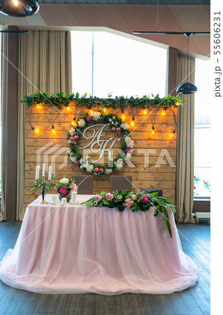 Beautiful white dinner table for newlyweds 55606231