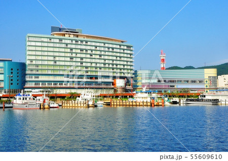 大津の町並み　琵琶湖ホテルと大津港に接岸する大型観光船 55609610