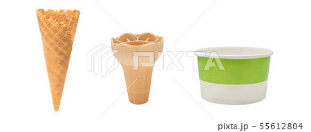 Empty crispy ice cream cone and paper cup. Empty crispy ice cream cone and paper cup. 55612804