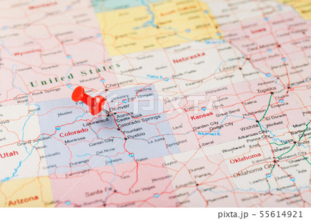 Red clerical needle on a map of USA, Colorado and Red clerical needle on a map of USA, Colorado and 55614921
