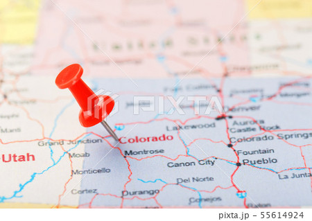 Red clerical needle on a map of USA, Colorado and Red clerical needle on a map of USA, Colorado and 55614924