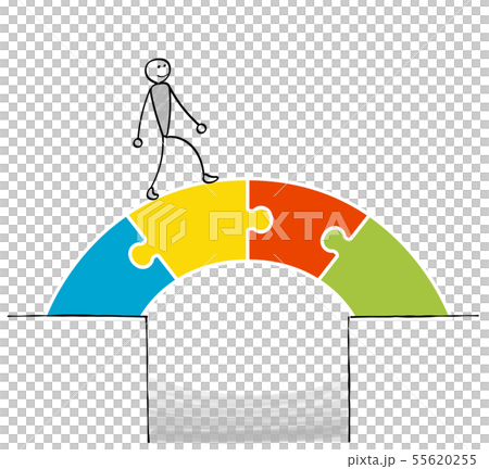 パズルで繋いだ橋を渡る人物のイラスト素材