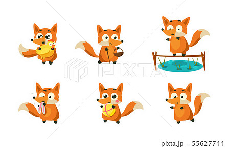 Cute Little Fox Doing Different Activities Set, Funny Forest Animal Character in Different 55627744
