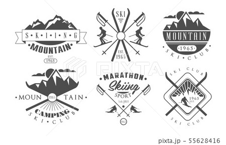 Mountain Camping and Skiing Retro Logo Templates Set, Wild Adventure Vintage Monochrome Labels 55628416