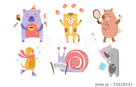 Cute Animals Different Activities Set, Adorable Humanized Animals Characters Engaged in Sports Cute Animals Different Activities Set, Adorable Humanized Animals Characters Engaged in Sports 55628532