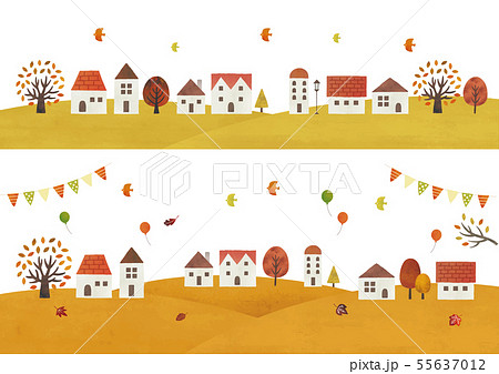 秋の家と木水彩のイラスト素材