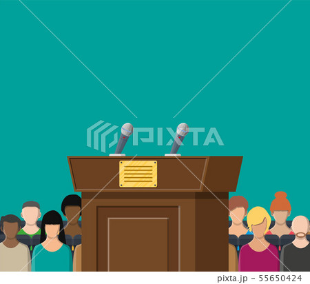 Brown wooden rostrum with microphones Brown wooden rostrum with microphones 55650424