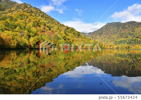 秋の奥日光・湯ノ湖に倒影する紅葉の山々 55673424