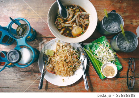 top view thai street food on old wooden table top view thai street food on old wooden table 55686888