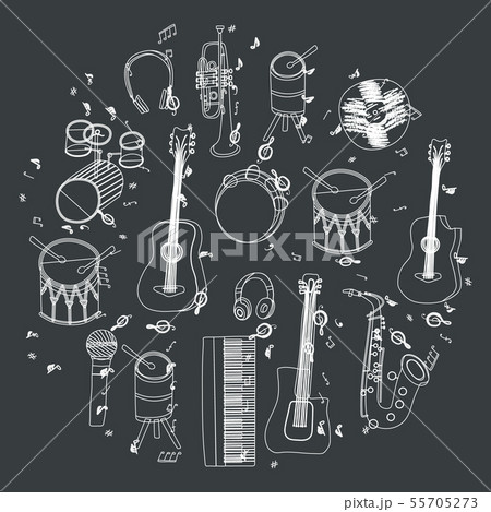 White hand drawn musical instruments in circle White hand drawn musical instruments in circle 55705273