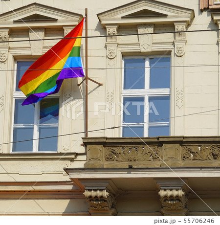 LGBT flag on the facade of building in Prague LGBT flag on the facade of building in Prague 55706246