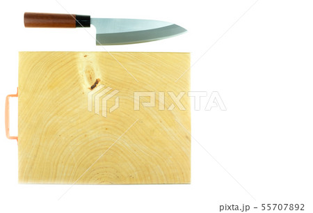 Japanese kitchen deba knife and wood butcher block 55707892