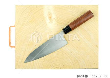 Japanese kitchen deba knife and wood butcher block 55707899
