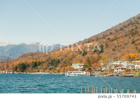 《栃木県》秋の日光、半月山から見下ろす中禅寺湖 、奥日光、空撮、八丁出島、 55709743