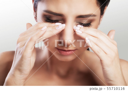 Eyes Pain Beautiful Unhappy Woman Suffering From Strong Eye Pain. Closeup Portrait Of A Sad Feminine 55710116