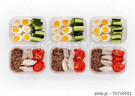 Healthy fitness food for the whole day. Multiple portions in containers 55710501