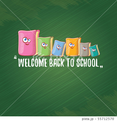 Back to school banner or poster with cartoon funky book and hand drawn doodle text label on green Back to school banner or poster with cartoon funky book and hand drawn doodle text label on green 55712570