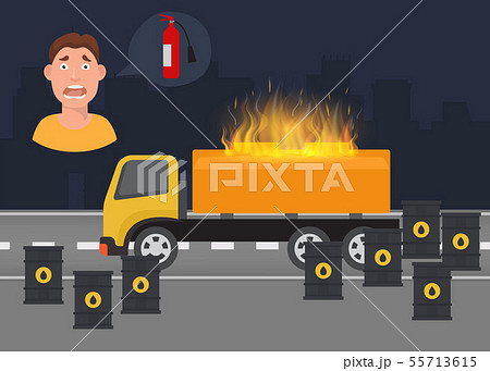 Gas leak and fire inflaming scared vector infographic poster. Tanks of oil and gas and truck with 55713615