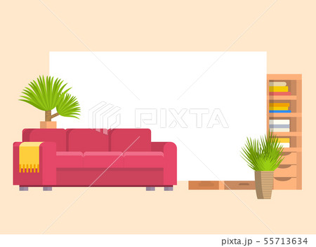 Furniture in living or bedroom objects set with leather sofa and wooden shelf with frame and books 55713634