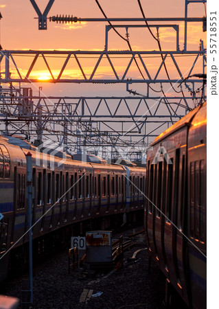 千葉県 夕日の高架線 JR総武線 市川駅 千葉県 夕日の高架線 JR総武線 市川駅 55718551