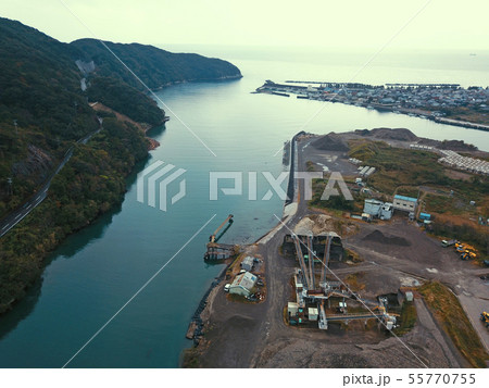 日置川の河口付近空撮の写真素材