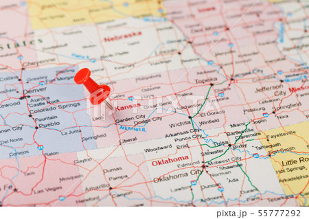 Red clerical needle on a map of USA, Kansas and Red clerical needle on a map of USA, Kansas and 55777292