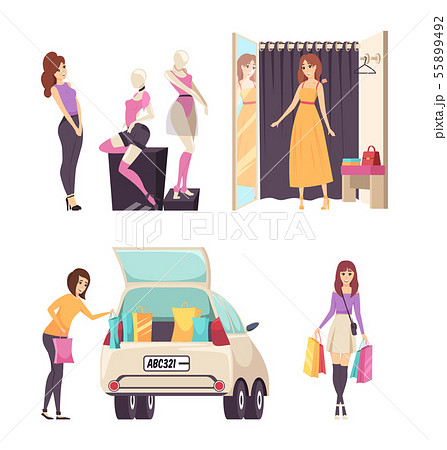 Female Looking at Clothes on Mannequins Set Vector 55899492