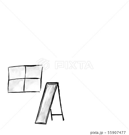 窓と鏡のある室内（墨の手描きイラスト） 55907477