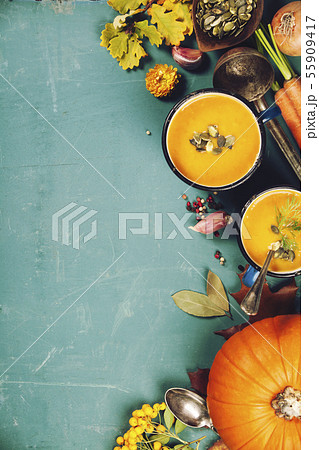 Vegetable or pumpkin soup and ingredients, flat lay Vegetable or pumpkin soup and ingredients, flat lay 55909417