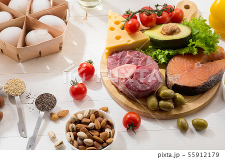 Ketogenic low carbs diet - food selection on white background Ketogenic low carbs diet - food selection on white background 55912179