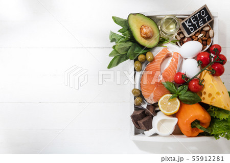 Ketogenic low carbs diet - food selection on white background Ketogenic low carbs diet - food selection on white background 55912281