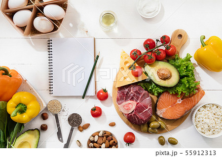 Ketogenic low carbs diet - food selection on white background Ketogenic low carbs diet - food selection on white background 55912313