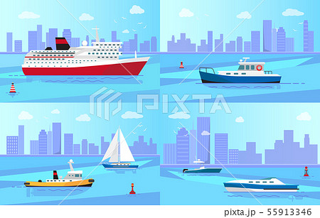 Seagoing Vessels near Coastline Illustrations Set 55913346