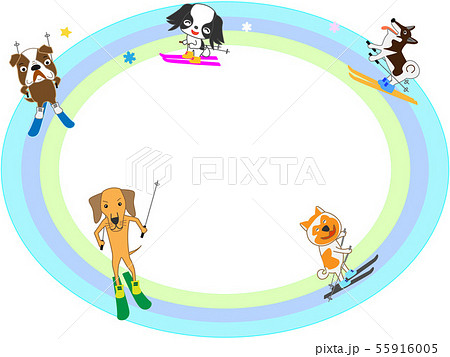 ウィンタースポーツで遊ぶ犬たちのタイトルフレームのイラスト素材