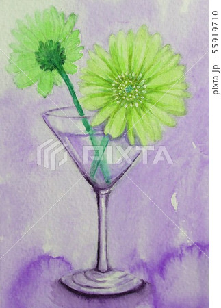 水彩画 ガーベラの花 カクテルグラスのイラスト素材