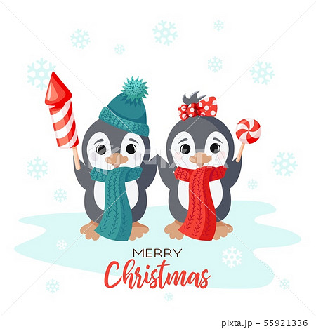 Winter Holiday vector christmas card with smiling cute penguins kids Winter Holiday vector christmas card with smiling cute penguins kids 55921336
