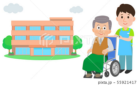 車椅子のおじいさん 介助する男性介護士 介護施設 イラストのイラスト素材