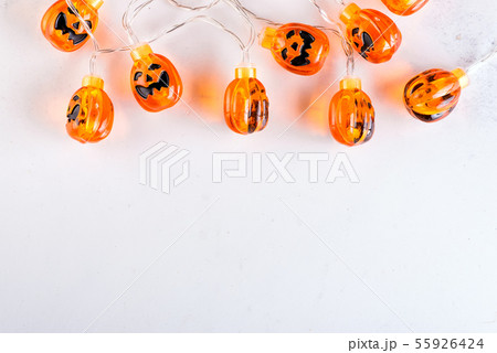 Halloween pumpkin background party lamps on white murble backgrounds,copy space, Halloween pumpkin background party lamps on white murble backgrounds,copy space, 55926424