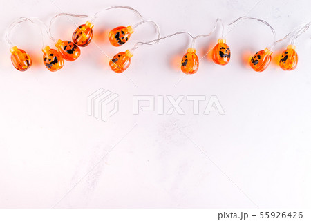Halloween pumpkin background party lamps on white murble backgrounds,copy space, Halloween pumpkin background party lamps on white murble backgrounds,copy space, 55926426
