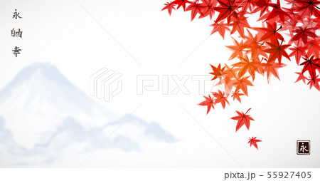 Red japanese maple leaves and far blue mountains. Traditional Japanese ink wash painting sumi-e Red japanese maple leaves and far blue mountains. Traditional Japanese ink wash painting sumi-e 55927405