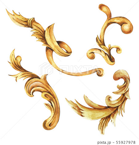 Watercolor set of golden baroque, rococo ornament Watercolor set of golden baroque, rococo ornament 55927978