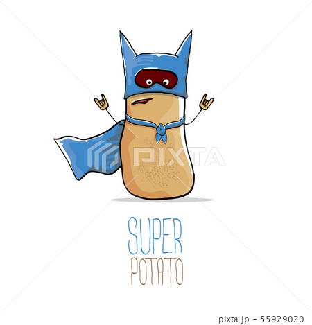 vector funny cartoon cute brown super hero potato with blue hero cape and hero mask isolated on 55929020