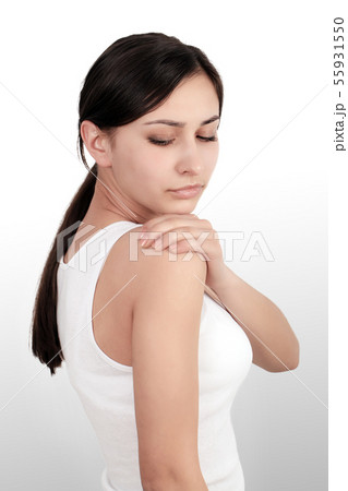 Body Pain. Beautiful Woman Feeling Pain In Elbows, Painful Arm Body Pain. Beautiful Woman Feeling Pain In Elbows, Painful Arm 55931550