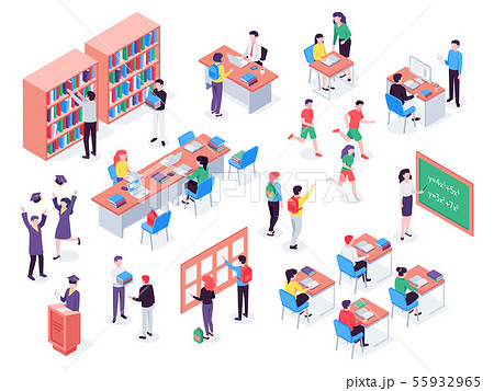 Isometric school. Childrens and teacher in classroom, students in schools library and education Isometric school. Childrens and teacher in classroom, students in schools library and education 55932965
