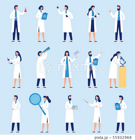 Scientists people. Science lab worker, chemical researchers and scientist professor character flat 55932968
