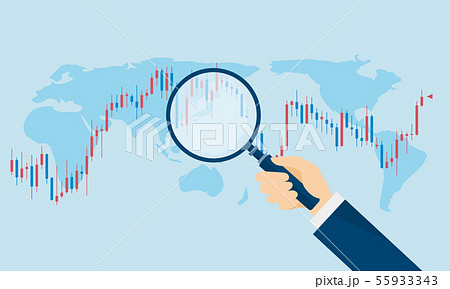 ローソク足チャートと虫眼鏡のイメージイラスト ローソク足チャートと虫眼鏡のイメージイラスト 55933343
