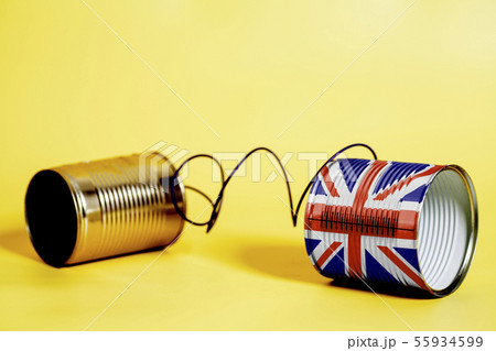 tin can phone with British flag.communication 55934599