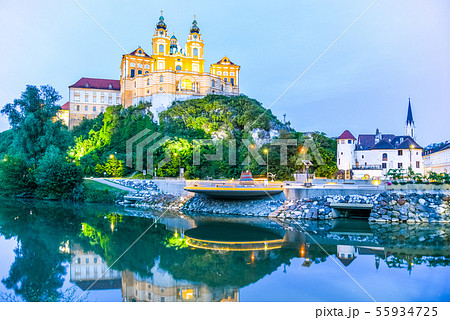 Melk Abbey, German: Stift Melk, reflected in the water of Danube River by night, Wachau Valley 55934725