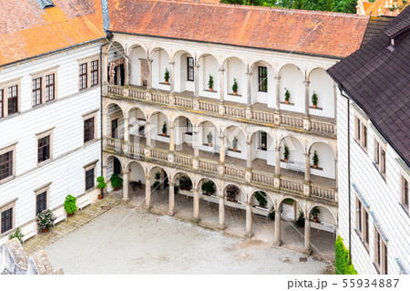 Great arcades - white renaissance archs on Third Courtyard of Jindrichuv Hradec Castle in Jindrichuv Great arcades - white renaissance archs on Third Courtyard of Jindrichuv Hradec Castle in Jindrichuv 55934887