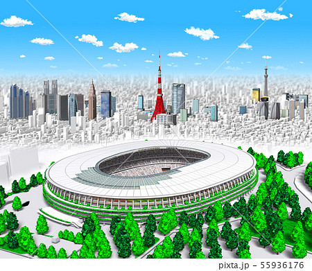 新国立競技場+東京霞新屋根雲 新国立競技場+東京霞新屋根雲 55936176